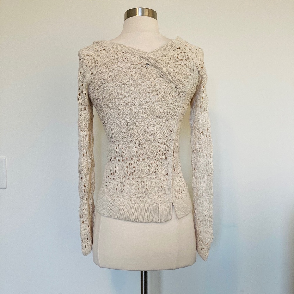 Anthropologie Asymmetrical Crochet Open Knit Cotton Sweater Ivory Cream White